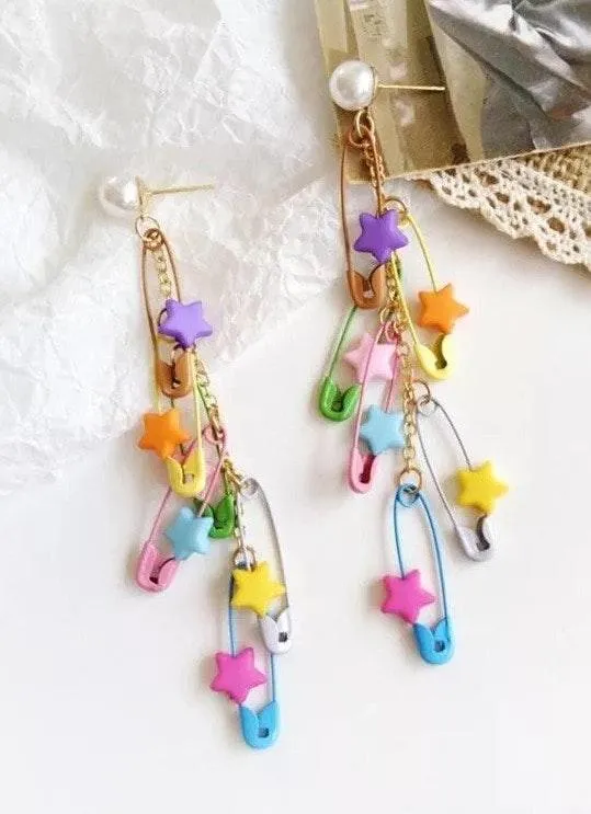 Colorful Stars Pins Pearl Stud Drop Earrings - Image 3
