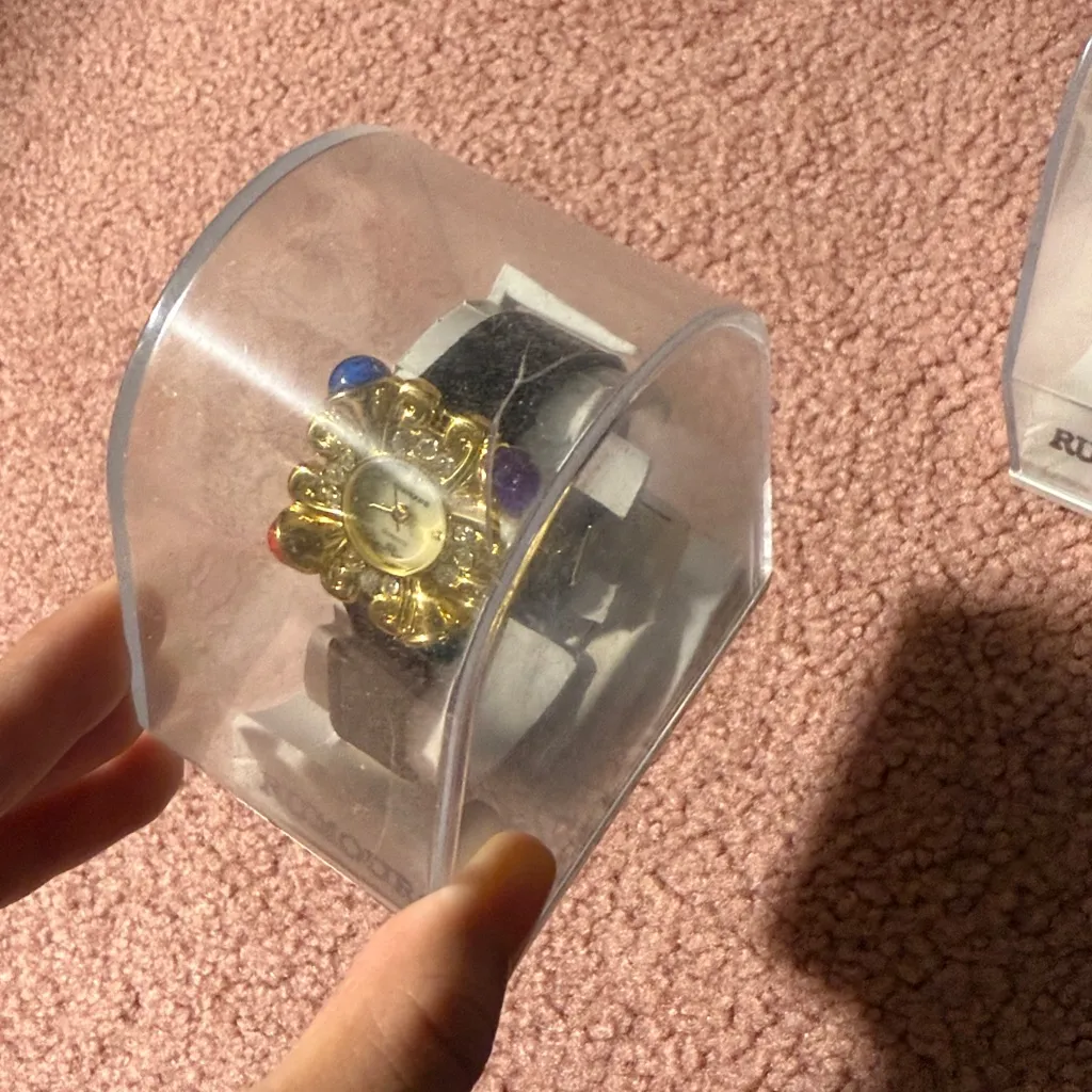 2 Rumours Watch Womens 28mm Gold Tone Crystal Bezel Braided Leather Vintage Black - Image 10