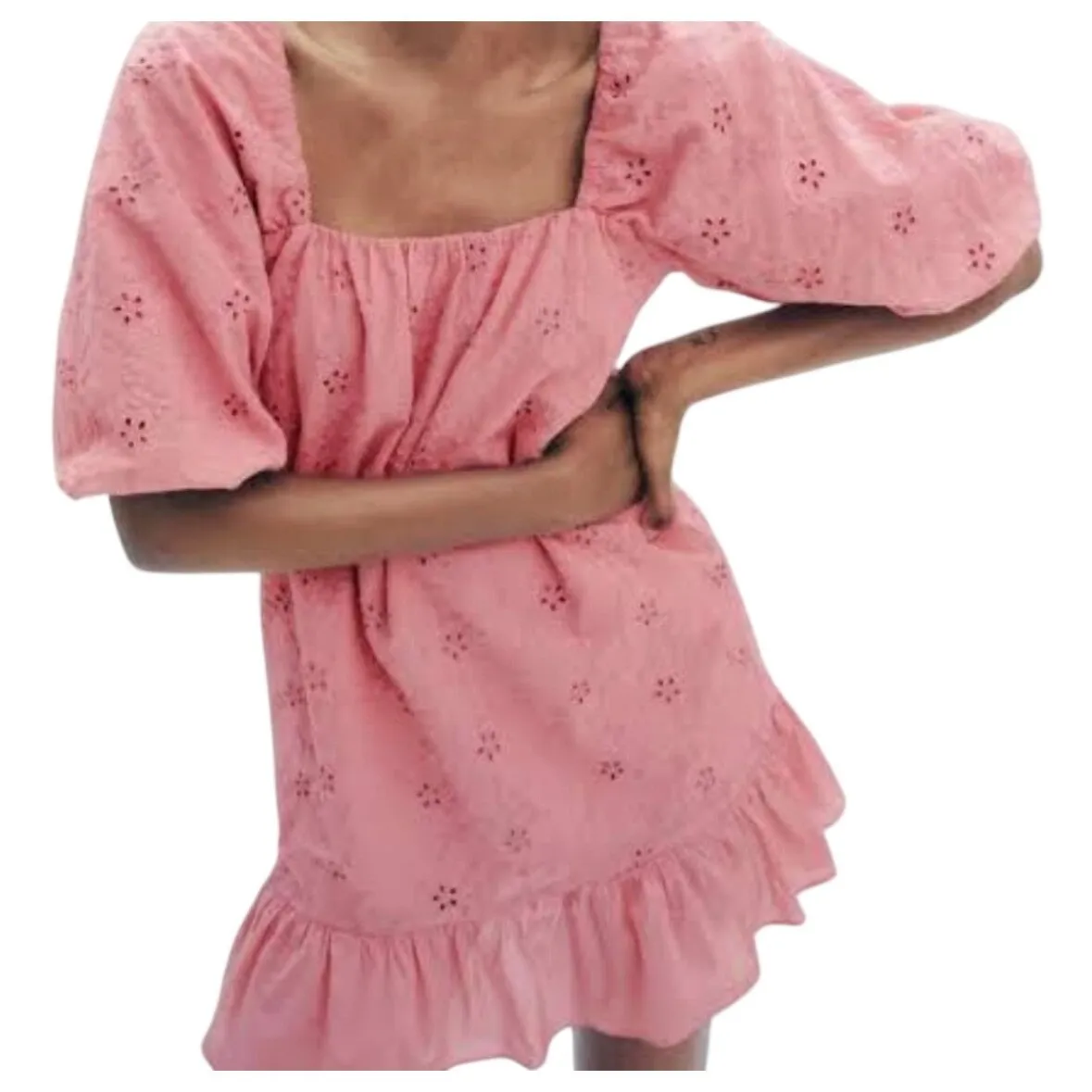ZARA Pink Eyelet Embroidered Puff Sleeve Ruffle Hem Mini Dress Size Large NWOT - Image 11
