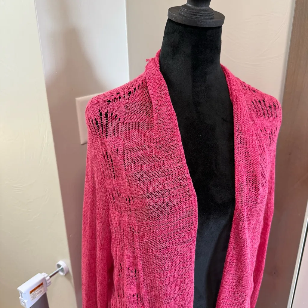 Eileen Fisher‎ Pink Long Length Loose Knit Crochet Cardigan Duster Woven Sweater - Image 2