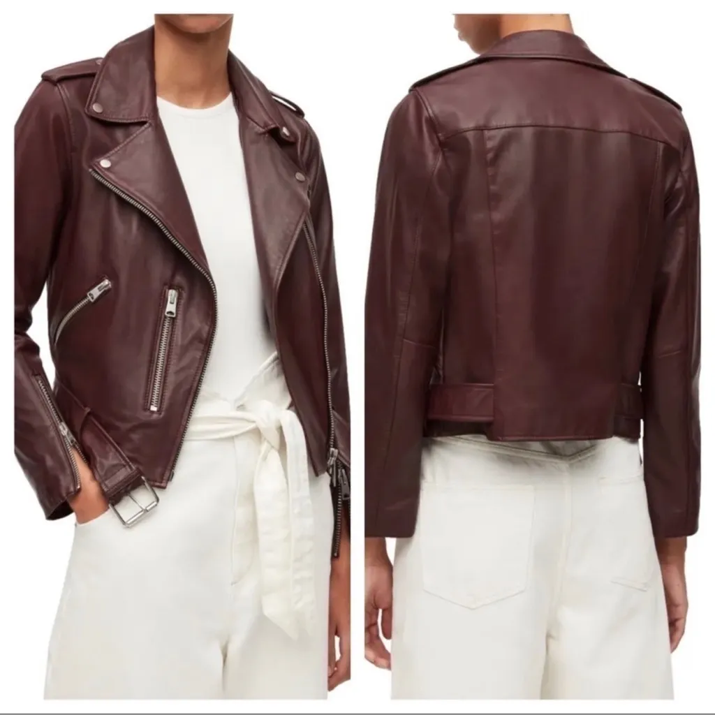 ALL SAINTS Balfern Biker Jacket in Deep Berry Red Size 4 NWT - Image 3