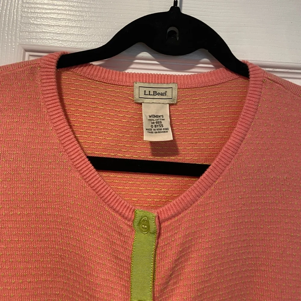 L.L. Bean Size M Coral Lime Green Stripe Lightweight Cotton Button Cardigan Pink Size M - Image 2