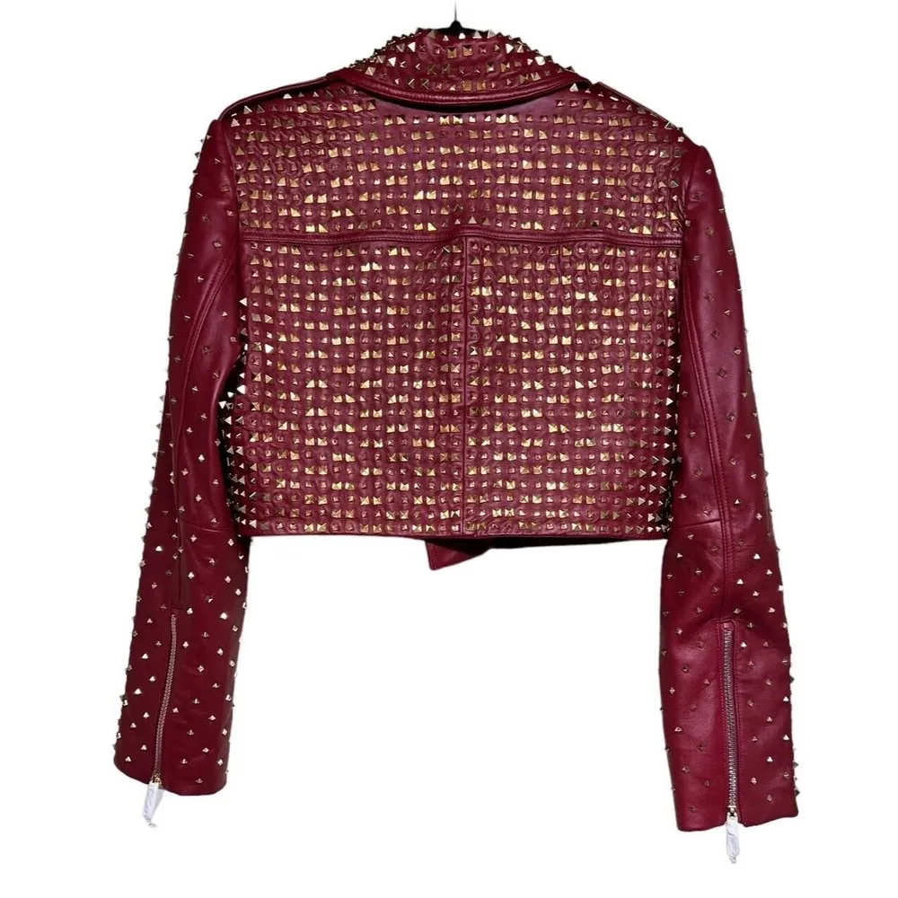 Alice + Olivia Krishna Leather Cropped Moto Jacket Bordeaux Women’s Size XL - Image 2
