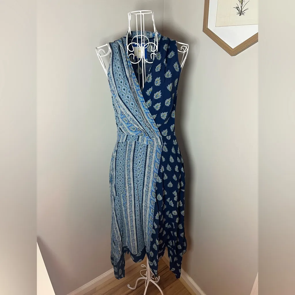 Anthropologie Maeve Eclipsed Faux Wrap Blue Paisley Motif Dress Sz 2 Asymmetric - Image 4