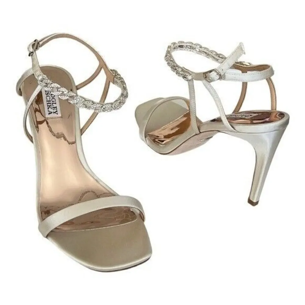 BADGLEY MISCHKA Kai Stiletto Satin Open Toe Rhinestone Ivory Heels Size 10 - Image 2