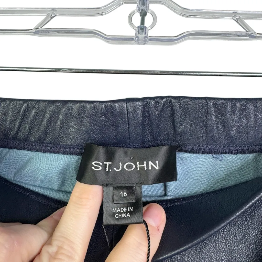 NWT ST. JOHN 100% Leather Straight Leg Pull On Pants Navy Blue K81EW01 Size 16 - Image 4
