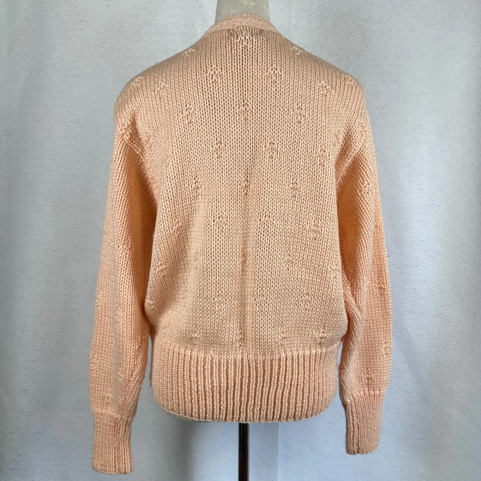 Vintage Koret‎ Hand Knit Cardigan Sweater Peach Floral Applique Wool Women Large Pink - Image 3