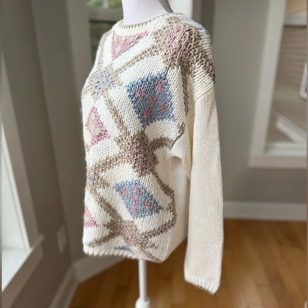 Vintage 80s 90s Hunters Run Tan White Pink Argyle Knit Sweater Size Large - Image 3