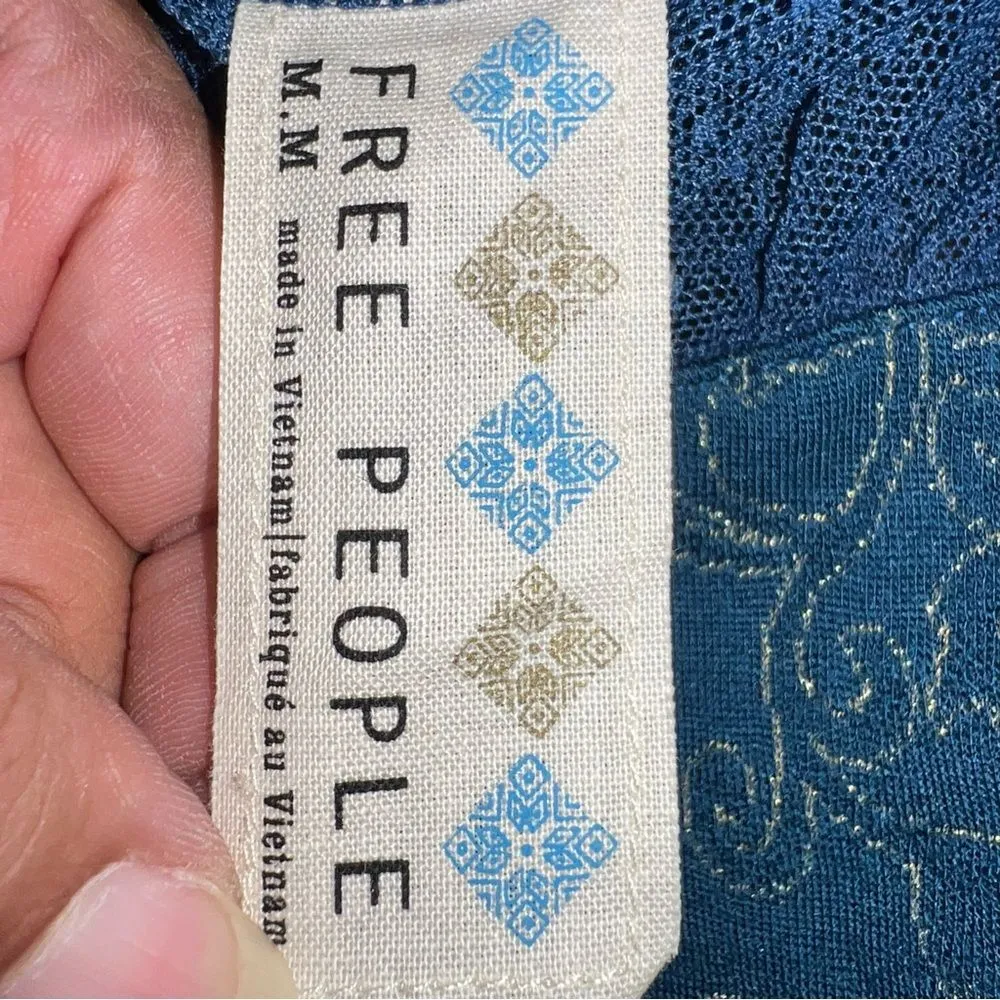 Free People Mini Dress in Blue w/Gold Metallic Floral Pattern Net @Neckline-Sz M - Image 11