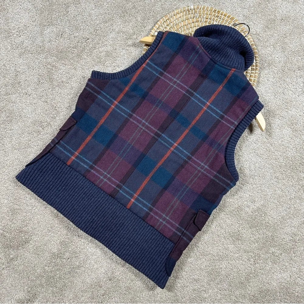 Woolrich Women’s Wool Blend Plaid Vest Full Button Academia in Purple Navy L - Image 4