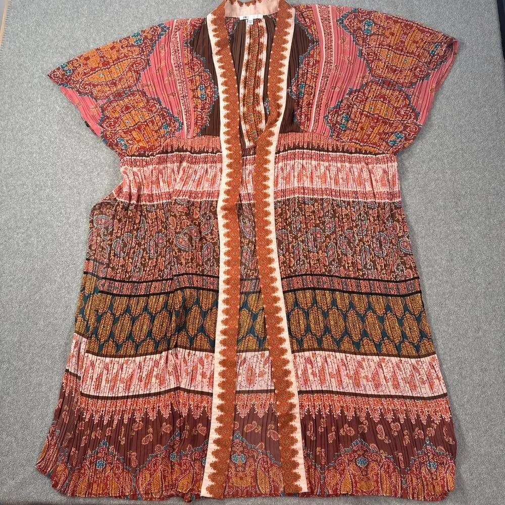 DR2 Kimono Duster Boho One Size Open Front Pleated Pink/Brown Paisley Print Pink - Image 2
