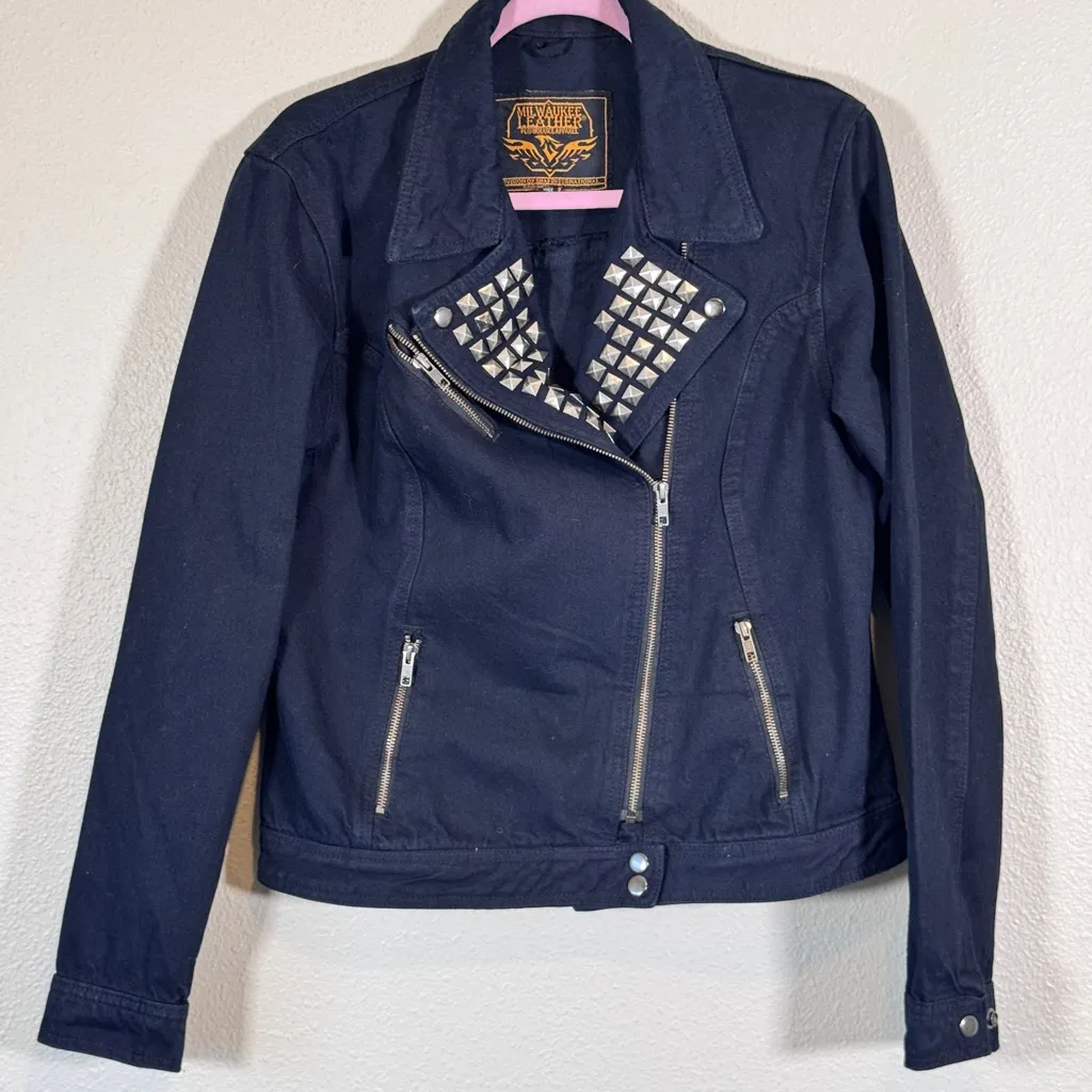 Milwaukee Leather Black Denim Studded Moto Jean Jacket Women XL Bikercore Grunge - Image 4