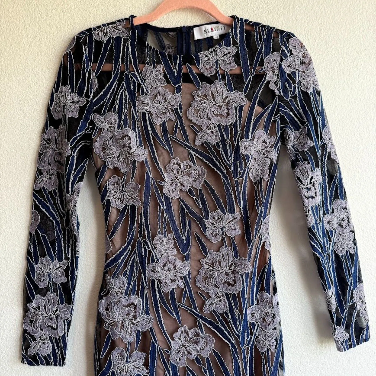 Elliatt Floral Lace Long Sleeve Midi Flare Dress in Black Blue & Purple size XS - Image 7