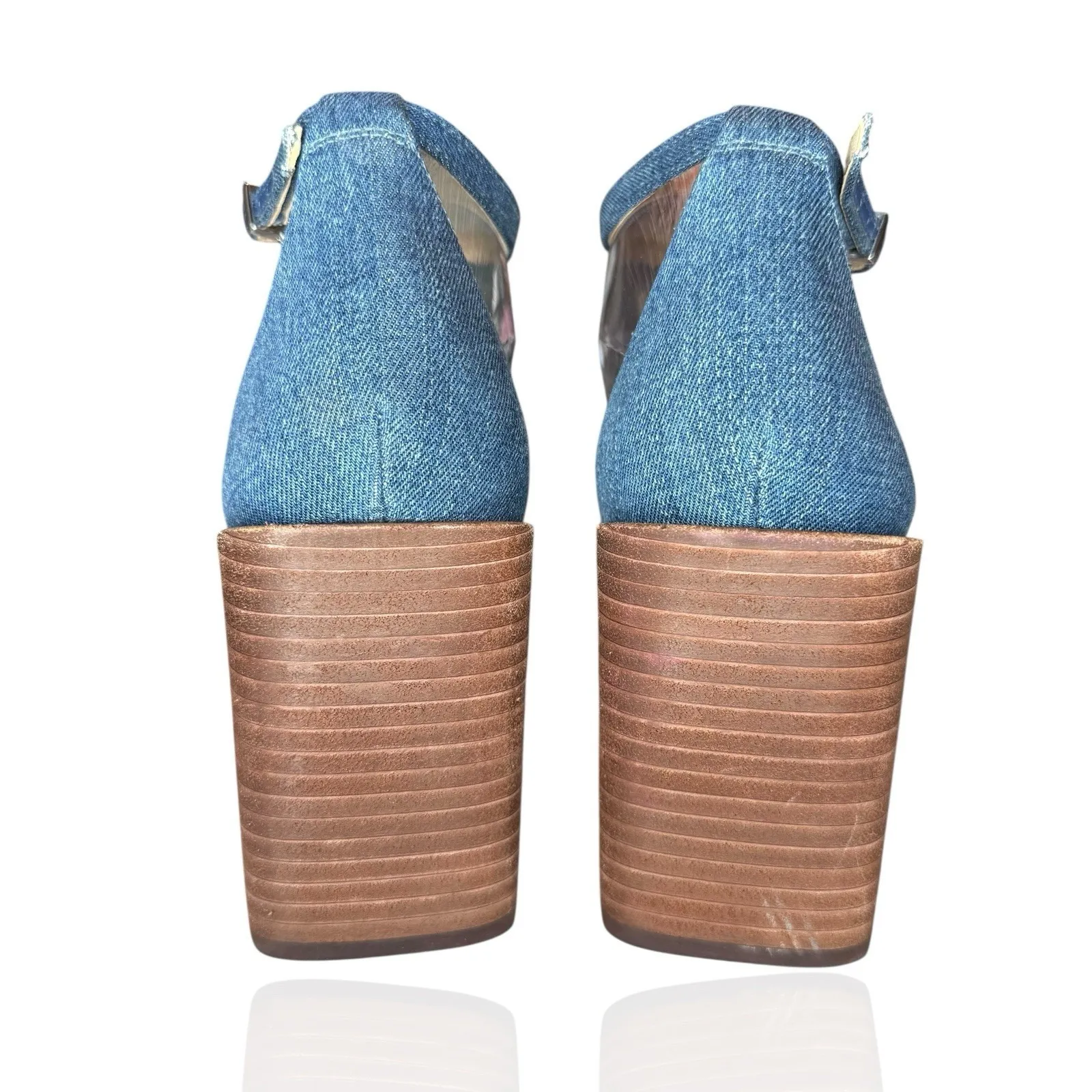 J Mclaughlin Shauna Denim Ankle Strap Sandals Wood Block Heel 10 Leather Sole - Image 6