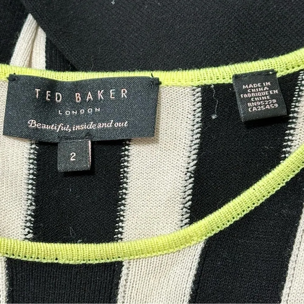 Ted Baker Sz 2 S Black White Row Striped Knit Contrast Lime Green Sweater Dress - Image 6