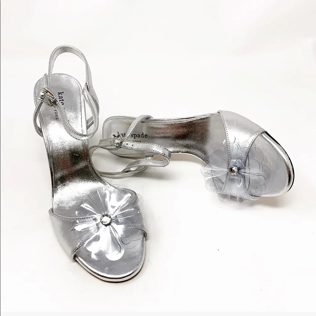 Kate Spade Giulia Silver Metallic Leather Sandals Women’s 8M Flower Embellished - Image 8