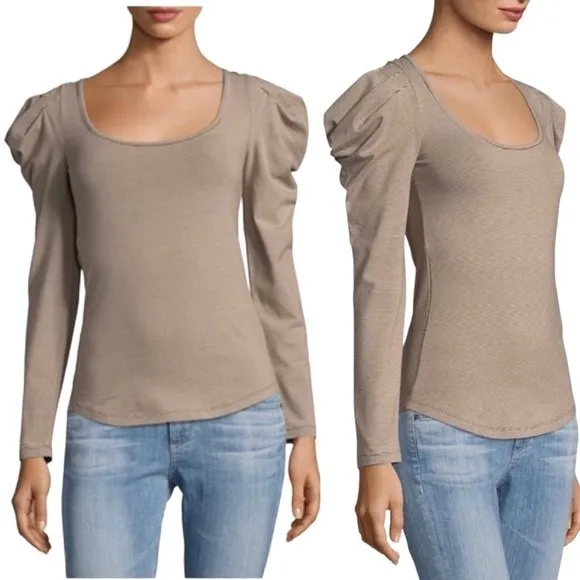 Free People Penelope Tan Striped Knit Top Long Ruched Puff Sleeves Size Medium - Image 4