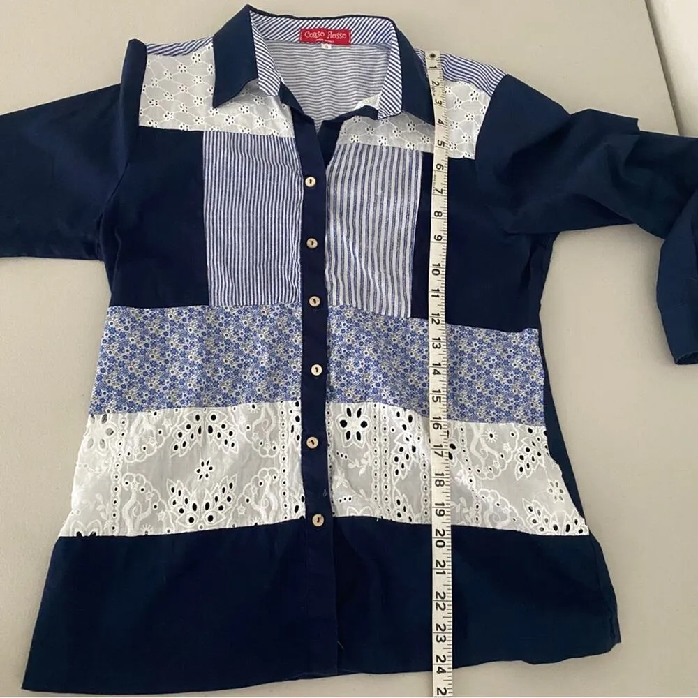 Cottagecore Blue Patchwork Eyelet Floral Striped Button - Image 8