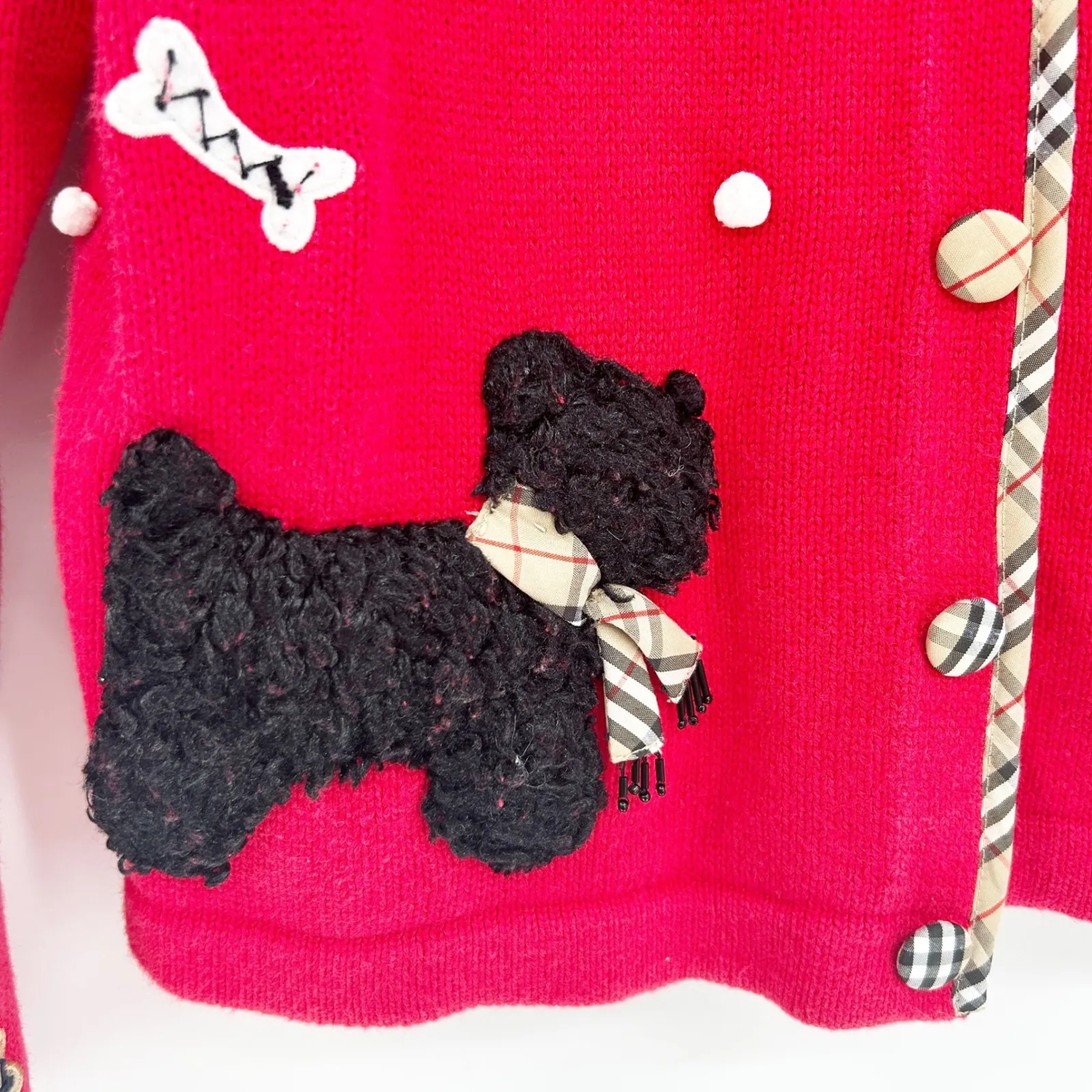 Jack B Quick Vintage Scottie Dog Bone Embroidered Novelty Cardigan Sweater XL Red - Image 2