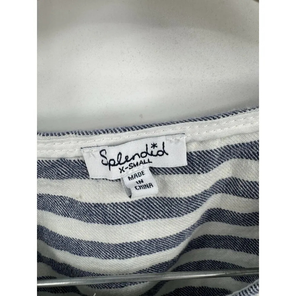 Splendid‎ Striped Cropped Jumpsuit Women XS White Blue Straight Leg Beach Linen - Image 3