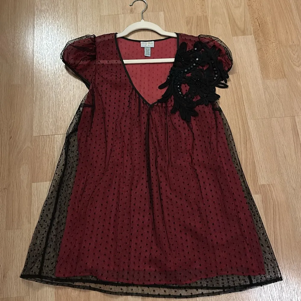 Vintage Tracey Reese Red & Black Lace Polka Dot Blouse with Black Floral Detail - Image 5