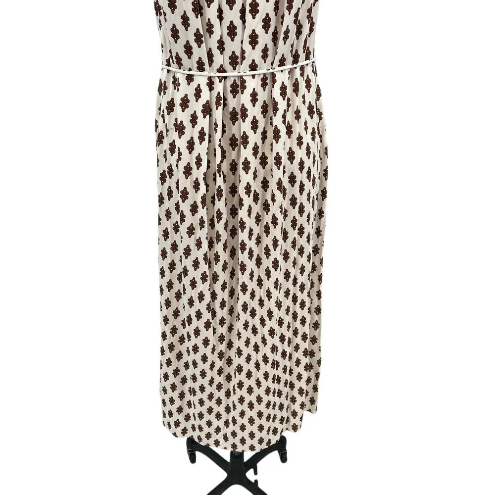 Tory Burch Cream Brown Geometric Printed Pleated Sleeveless Midi Dress Size‎ XS - Image 12