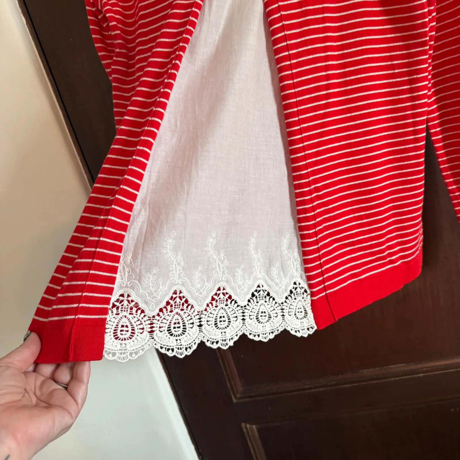 BODEN | Red Cotton Striped Crew Neck Sweater with White Lace Inset | Medium - Image 6