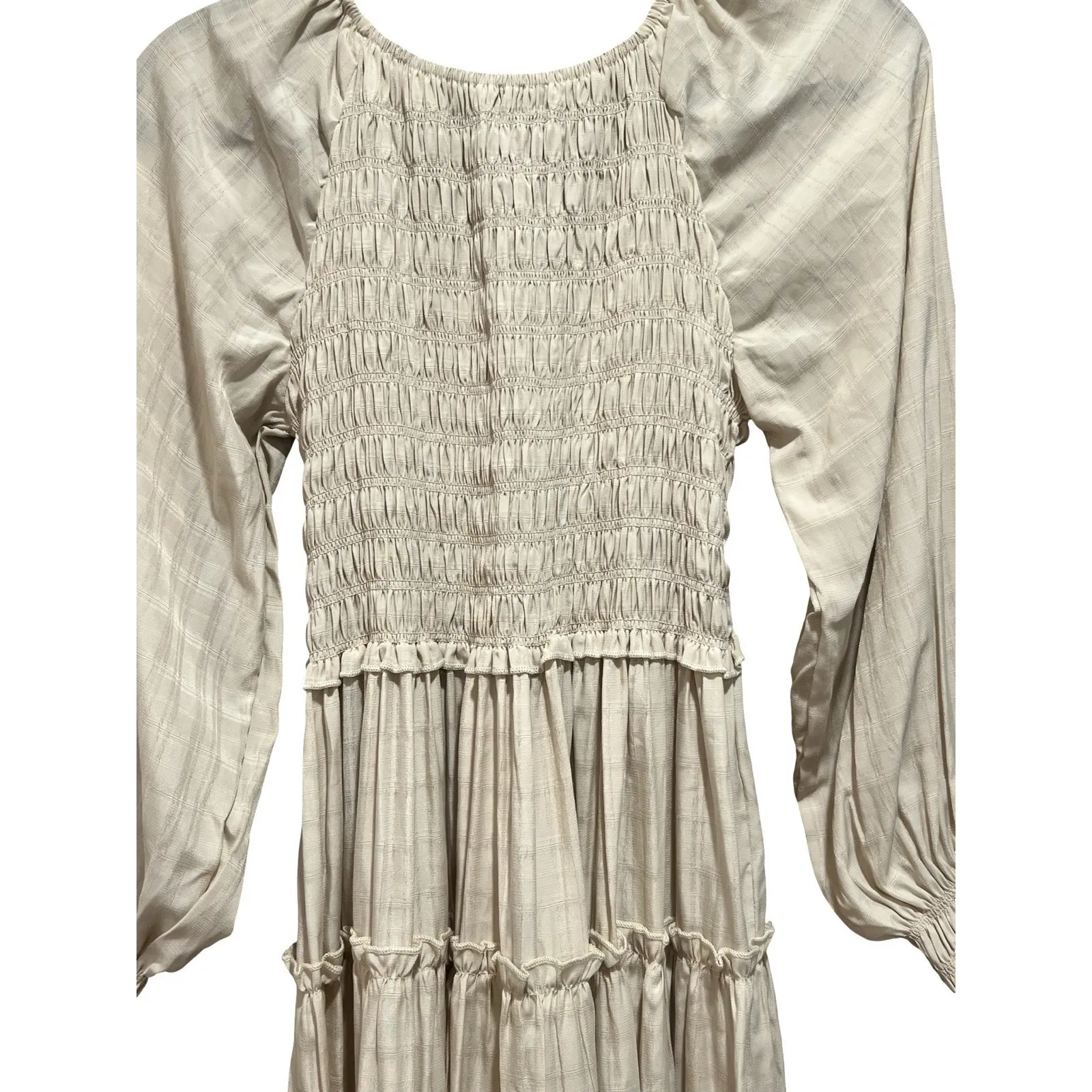 R.Vivimos Maxi Dress for Women Long Sleeve V Neck Empire Waist Layered Ruffle M Tan Size M - Image 5