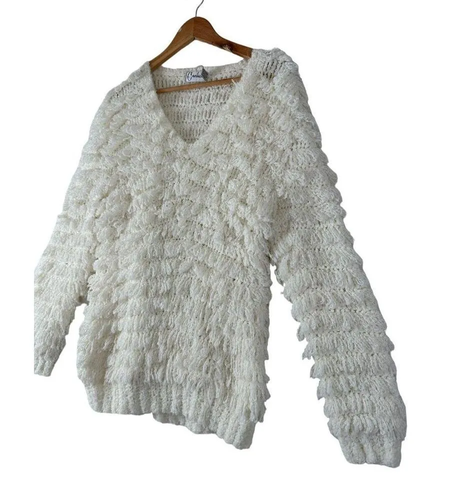 Vintage Carducci Fuzzy Sweater Womens Large Ivory Long Sleeve Chunky Vneck - Image 2