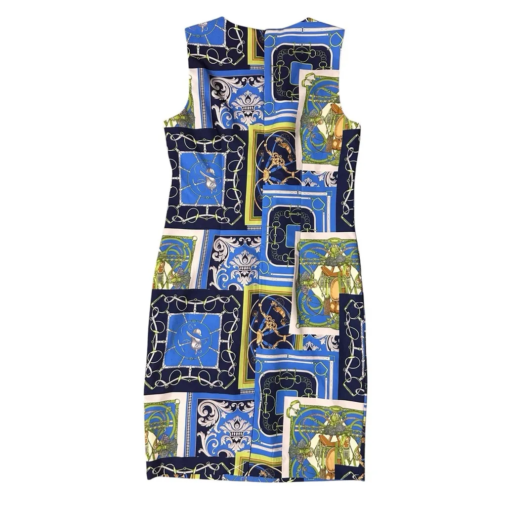 J. Mclaughlin Belinda Sheath Dress 6 Heraldic Patwork Print Blue NWT Equestrian - Image 5