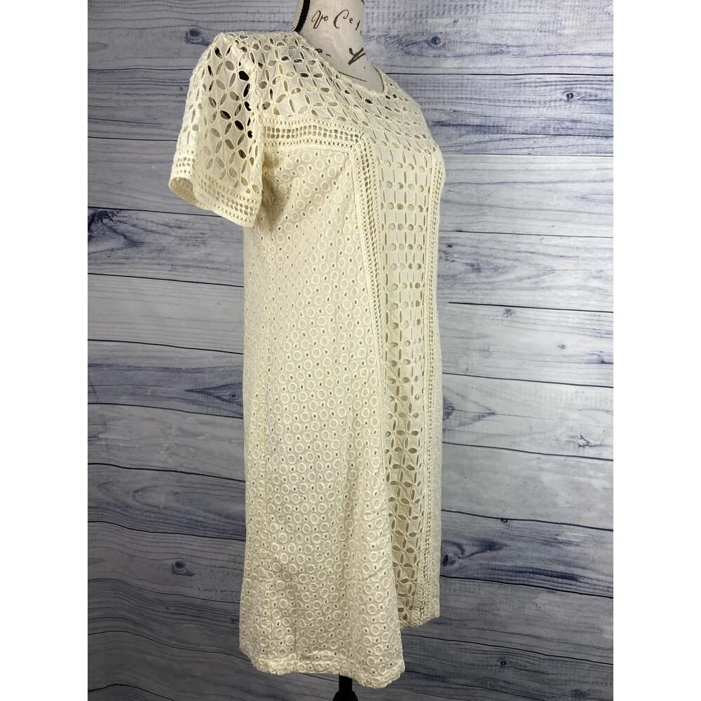 Sundance Eyelet Dress Women XS 2 Vanilla Shift Keyhole Back Lined 100% Cotton - Image 4