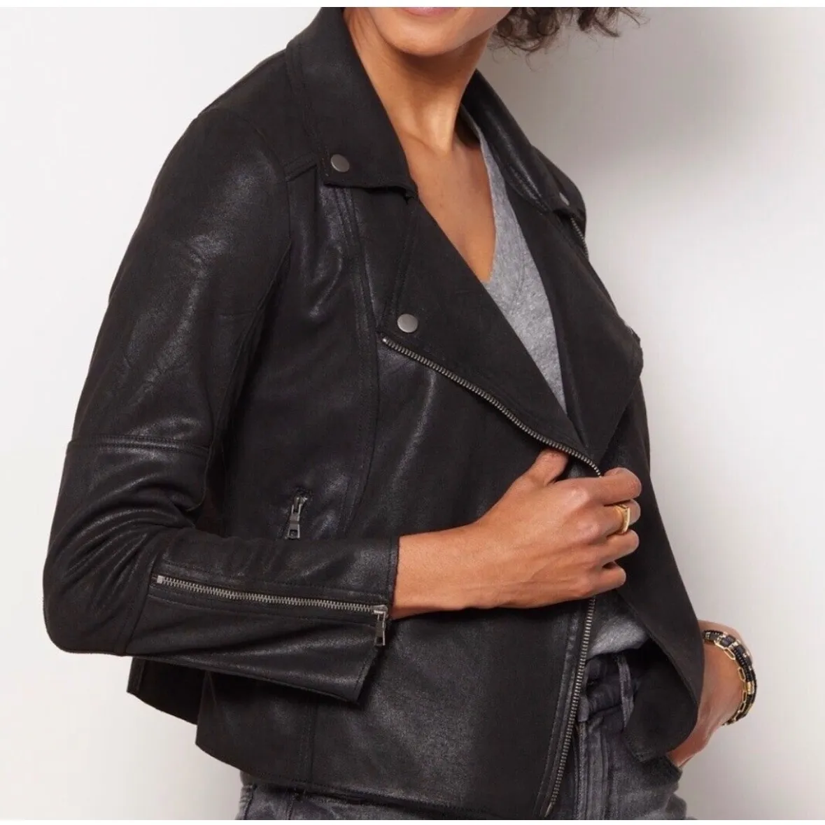 Evereve Black Faux Leather Marren Moto Jacket Zip Pockets Womens XS - Image 11