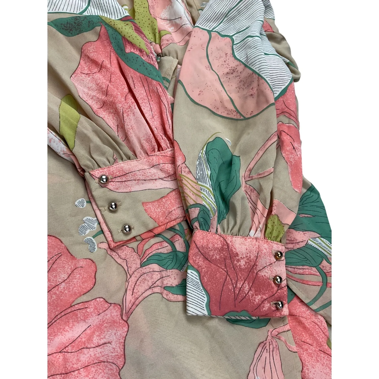 Xtaren Floral Print Maxi Wrap Dress Long Sleeve Belted Bohemian Beige Pink M - Image 11