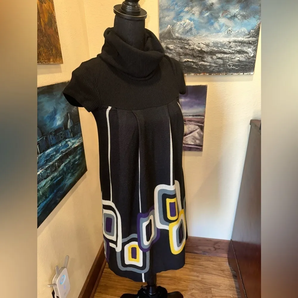 EUC 70’s Vintage hypnotik dress black geometrics abstract short sleeves Sz S Gold - Image 3