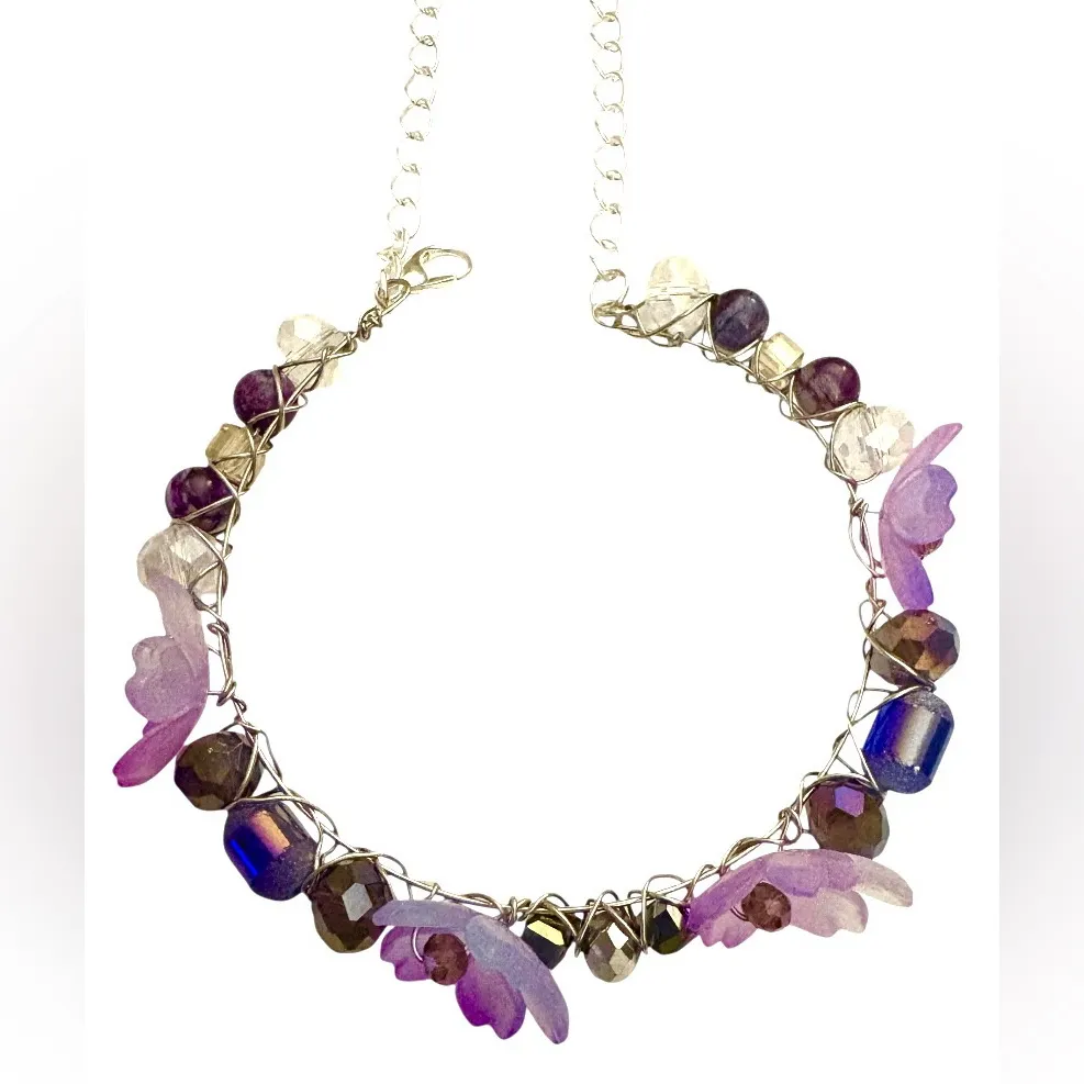 Fairy Bracelet with Lucite Flowers, Czech Glass and Crystals Hand Wired. Purple - Image 4