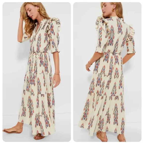 NEW NWT OLIPHANT Sanford Cream Cinched Pintuck Maxi Dress Tuckernuck Small S Red - Image 2
