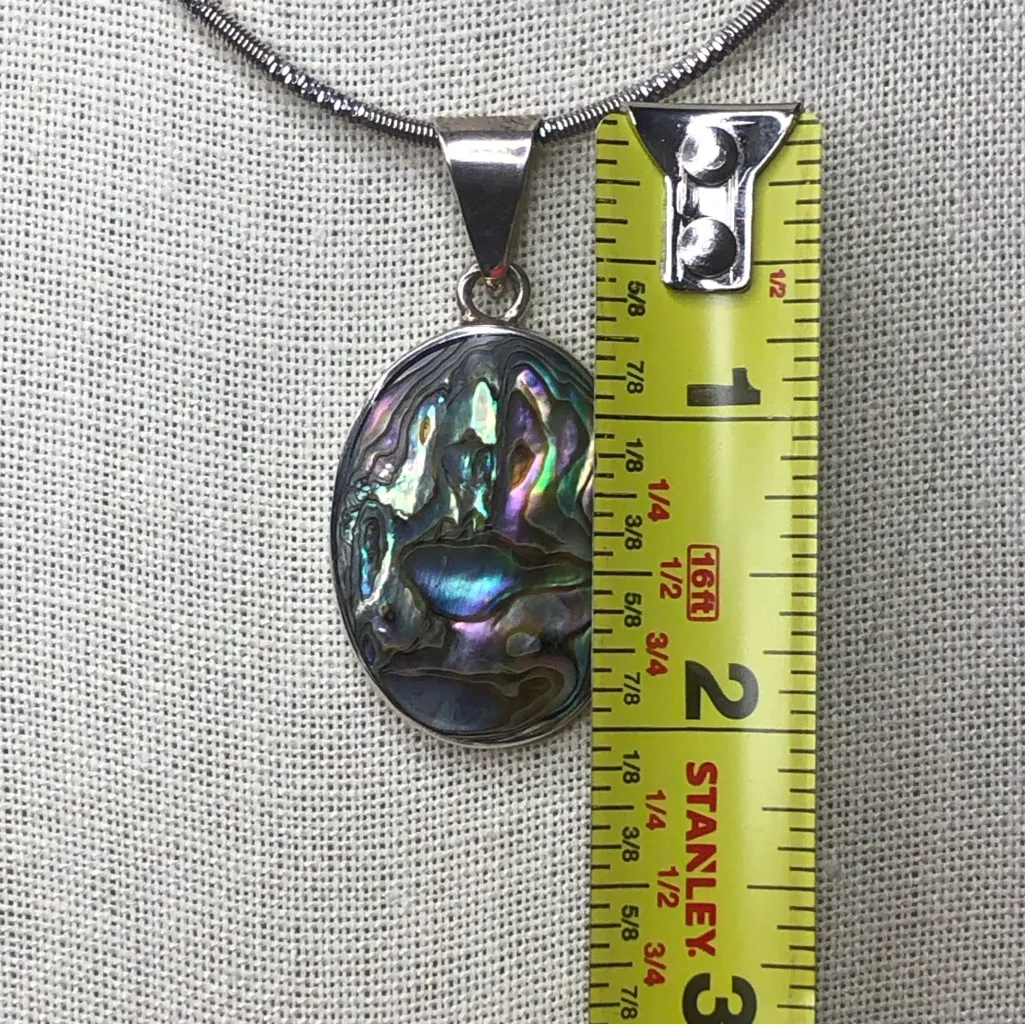 Vintage Oval Abalone Cabochon Pendant On Sterling Silver Snake Chain Necklace Purple - Image 6