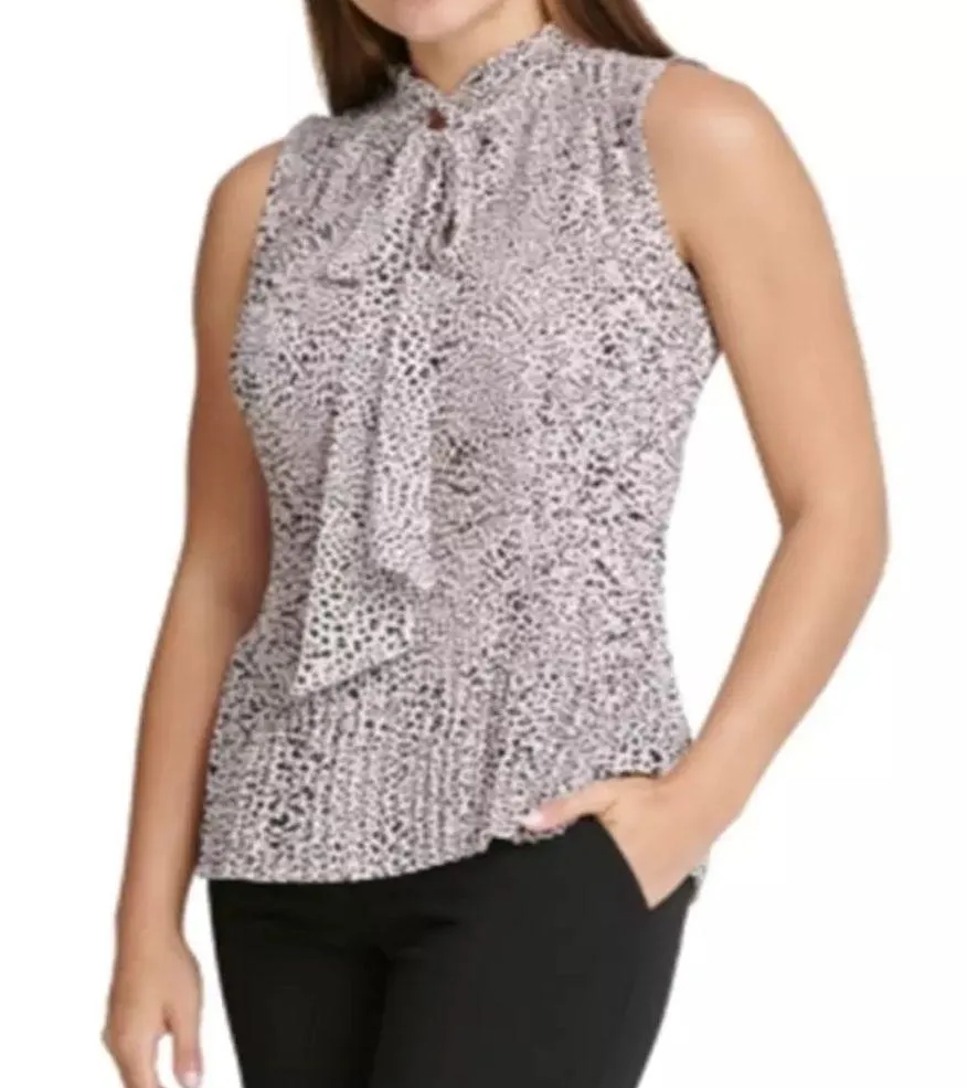 DKNY sleeveless animal print accordion pleated ruffled lightweight peplum shirt - Image 2