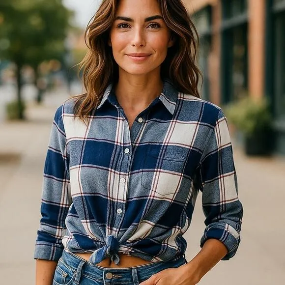 WEATHERPROOF VINTAGE Blue Plaid Comfort Stretch Flannel Top ~ Women's LARGE - Image 1