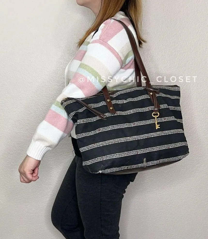 Fossil Jenna Black White Heart Striped Tote Bag - Image 2