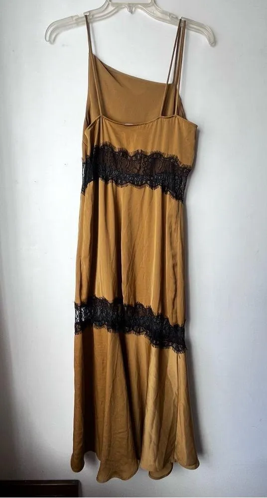 Zara Gold Satin & Black Lace Asymmetric Midi Slip Dress XS - Image 9
