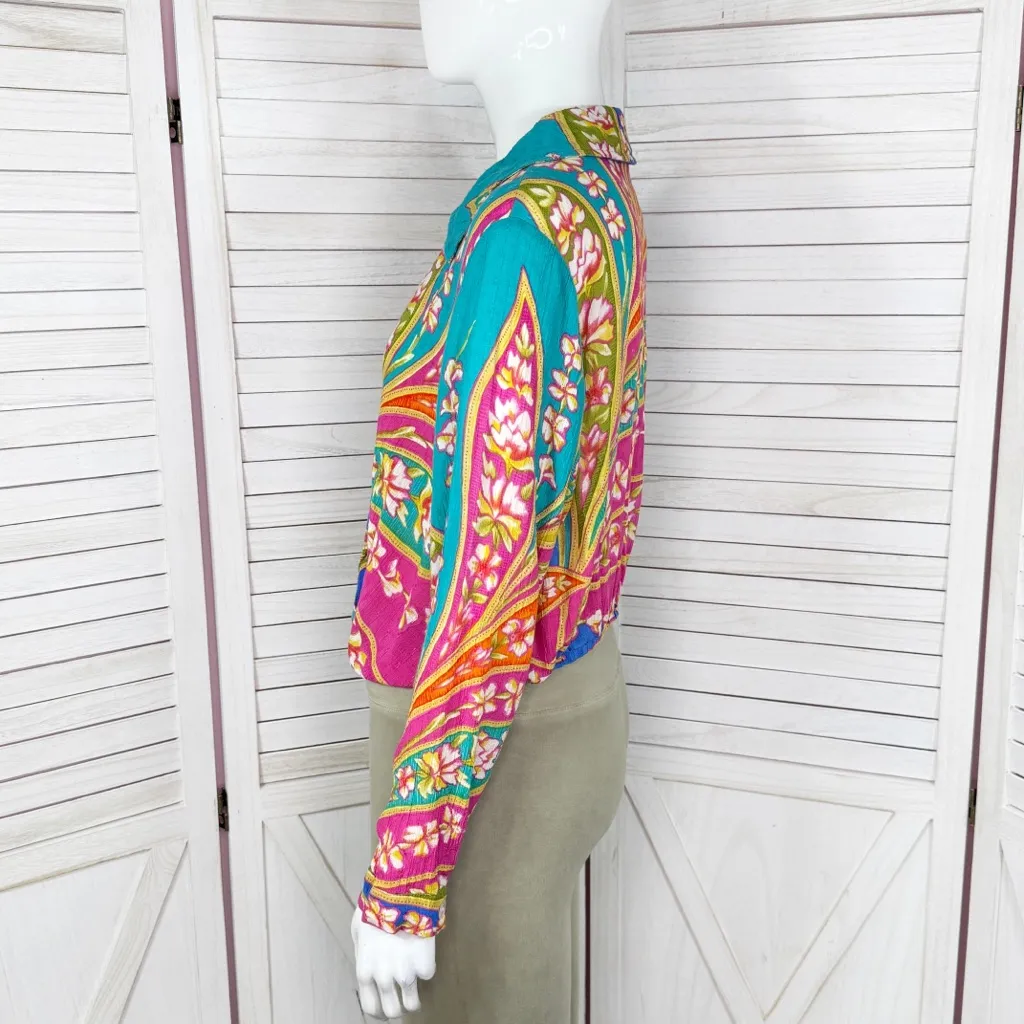 Haute Hippie Hawaiian Floral Faux Wrap Crop Long Sleeve‎ Blouse Pink Teal Small - Image 2