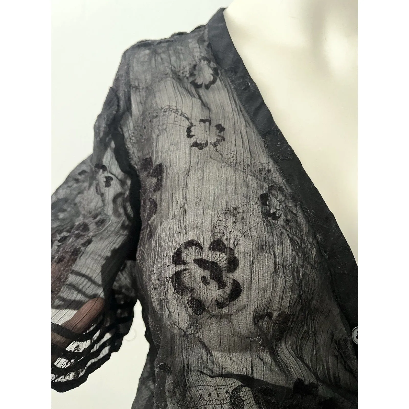 Womens Dark Romantic Sheer Lace Top M Celestial Whimsigoth Floral Fairy Mesh Tie Black Size M - Image 7