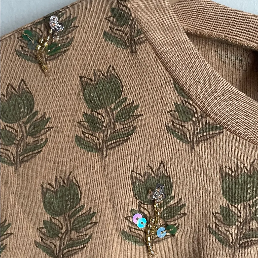 J.Crew Collection Jersey Embellished T-shirt Tan Tonal Tulip Block Print - Image 9