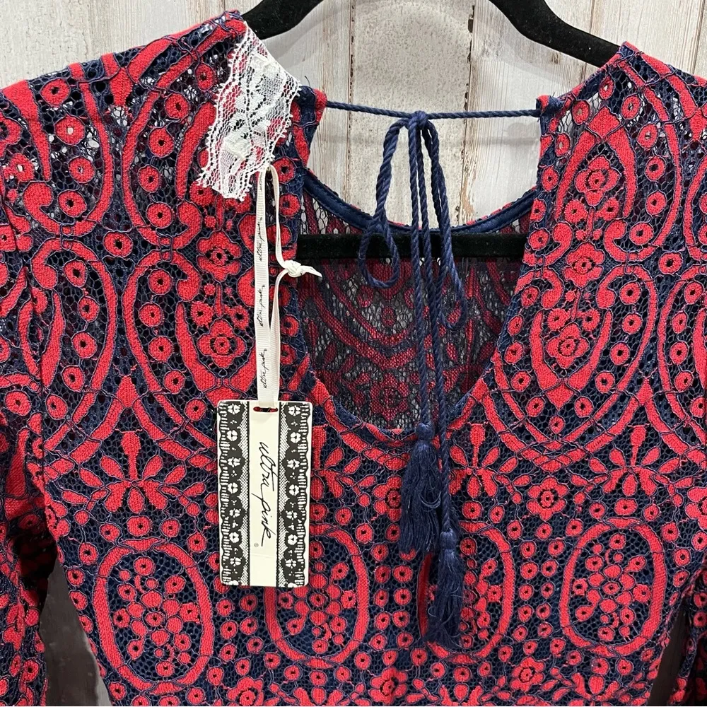 NWT Ultra Pink Red Lace Overlay Mini Dress Dramatic Sleeves Goth - Image 4