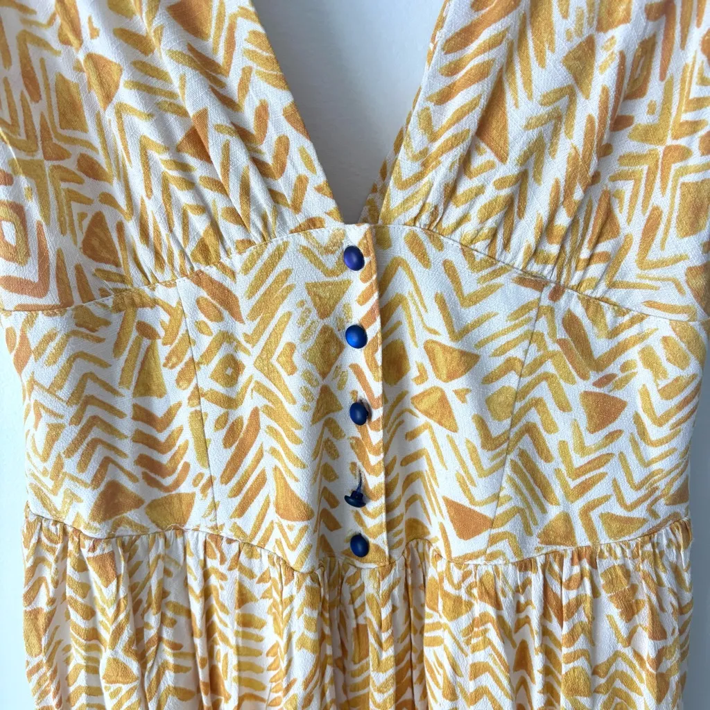 Free People Hot House Yellow Blue Tropical Midi Dress Boho Hippie Flowy Deep V - Image 4