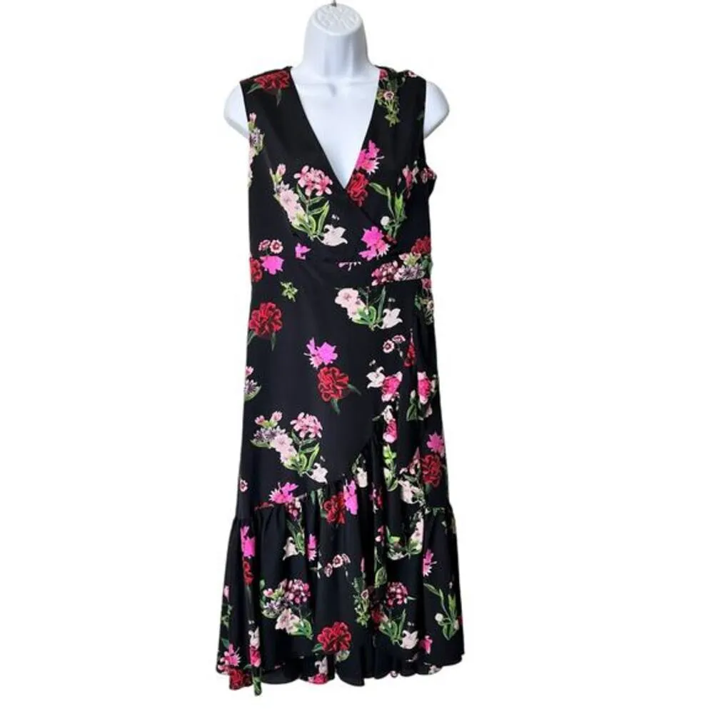 NWT Eliza J 8 Black‎ Floral sleeveless Midi Wrap dress - Image 2