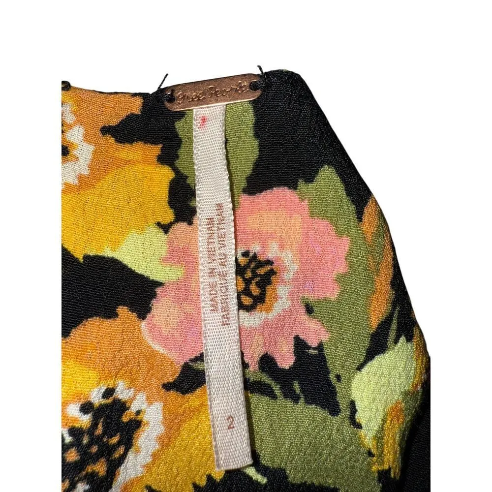 Free People Womens Floral Print Puff Sleeves Mini Dress Black Size 2 - Image 4