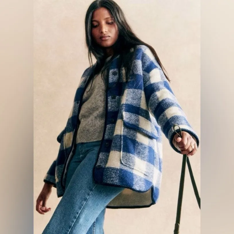 Sézane Farel Wool Check Reversible Jacket Blue Ecru 40 NWT - Image 9