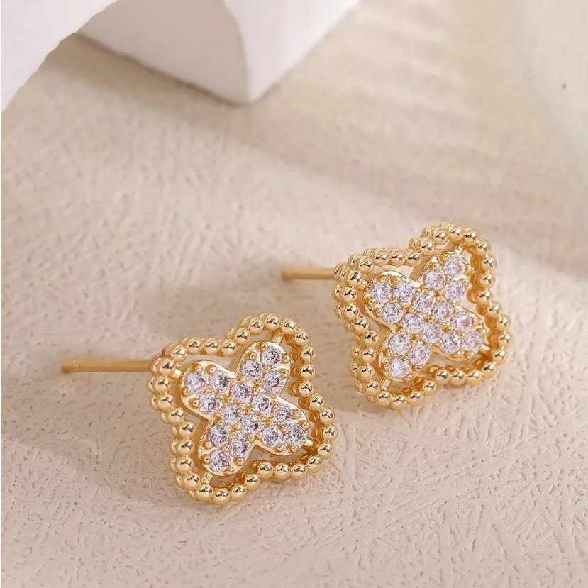 Gold Rhinestone Clover Earrings - Image 4